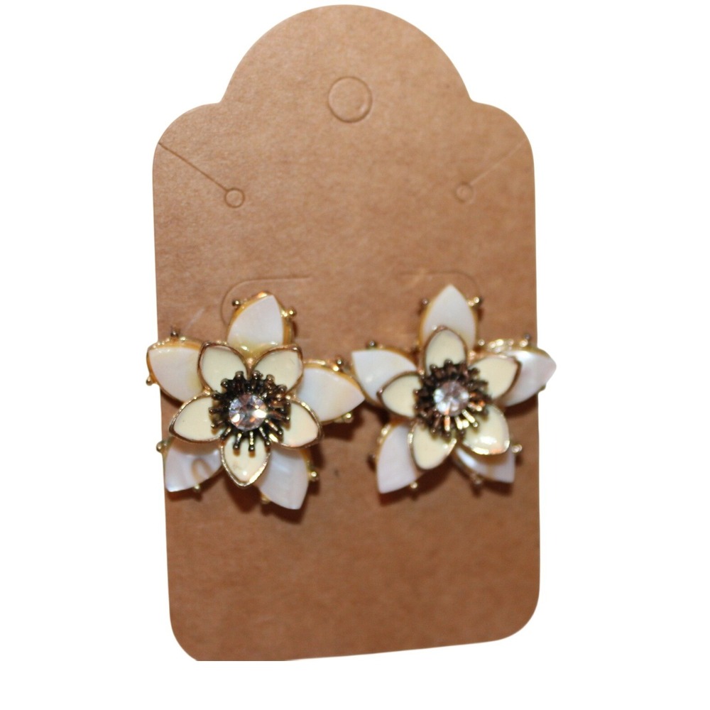 Retro Flower Stud Earrings Womens OS Cream Gold Excellent Floral Rhinestone EUC